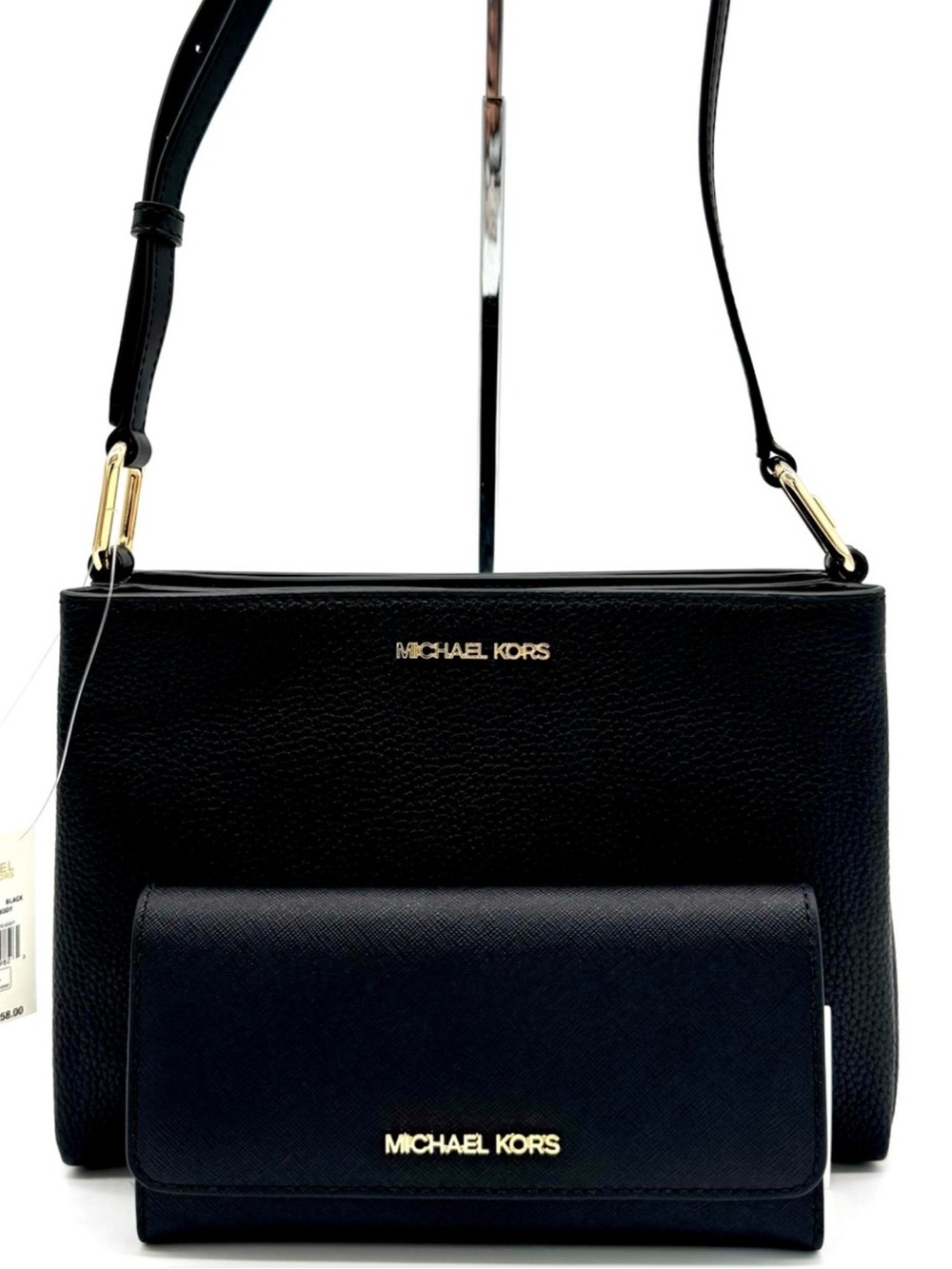 Michael Kors Trisha Medium Crossbody Bag w Matching Trifold Wallet Black/Gold